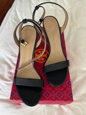 Tory Burch Black Leather Ankle-Strap Sandals with Gold Accent